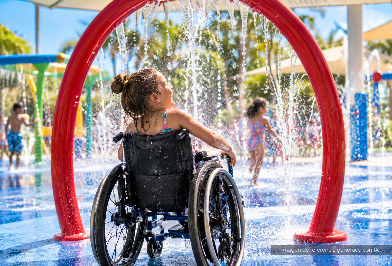 Niña en silla de ruedas jugando bajo un arco de agua en un parque acuático sin profundidad
